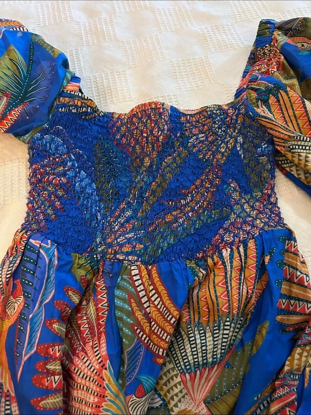 FARM Rio Macaw Flight Mini Dress featuring a smocked bodice size extra small